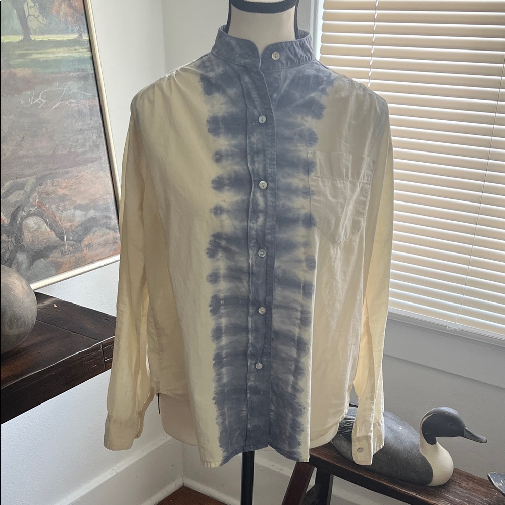 Ivory Button-Down Shirt with Slate Tie-Dye Placket
